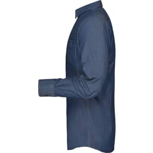 A men's denim button-up shirt in a dark blue shade, featuring a chest pocket and a stylish collar.