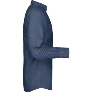 A men's denim shirt in dark blue, featuring a button-up design and a logo on the chest pocket.
