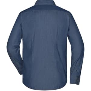 A men's denim shirt in dark blue, featuring a button-up design and long sleeves. The back view shows a collar and cuffs.