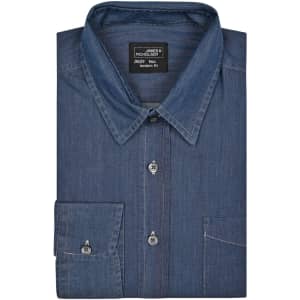 A folded men's denim button-up shirt in a dark blue hue, featuring a collar and buttoned cuffs. The shirt has branding.