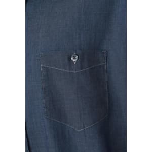 A navy blue denim shirt featuring a button-up front and a chest pocket. The shirt has a subtle texture.