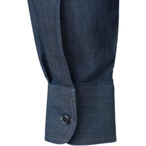 A men's denim shirt in dark blue featuring a button-up cuff. The fabric has a smooth texture with a subtle sheen.