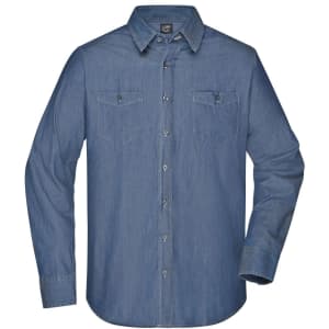 A men's denim button-up shirt in a medium blue shade with two front pockets and a collar. The shirt has a branded logo.