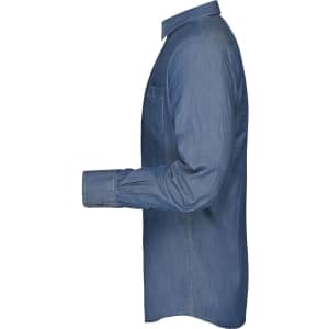 A men's denim button-up shirt in a light blue colour, displayed from the side with a pocket and logo.