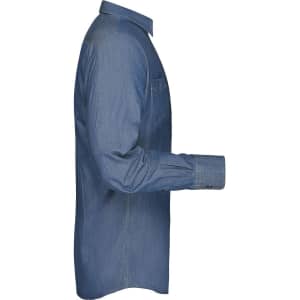 A denim shirt in a solid blue colour featuring a button-up design and long sleeves. It has a logo.