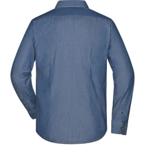 A men's denim button-up shirt in a blue hue, featuring a classic back design and buttoned cuffs, with a logo.