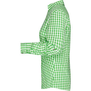 A green and white checked button-up shirt displayed from the side, featuring long sleeves and a collar.