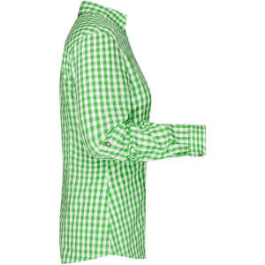 A green and white checked button-up shirt with long sleeves and a collar, featuring a logo.
