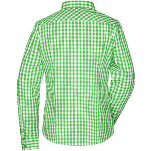 A green and white checked button-up shirt with long sleeves and a collar, featuring a logo on the back.