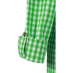 A green and white checked button-up shirt with rolled cuffs and a button detail. It features a logo.