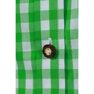 A green and white checked button-up shirt featuring a wooden button, showcasing the fabric and pattern details.