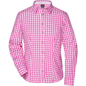 A pink and white checked button-up shirt with long sleeves and a collar. The shirt features a logo.