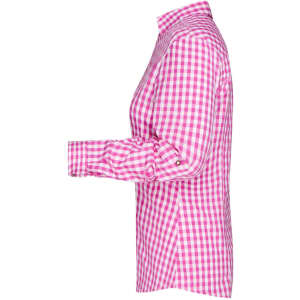 A side view of a ladies' button-up shirt in pink and white gingham print, featuring long sleeves and a collared neckline.