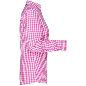 A pink checkered button-up shirt displayed from the side, featuring long sleeves and a collar. It has a logo on it.