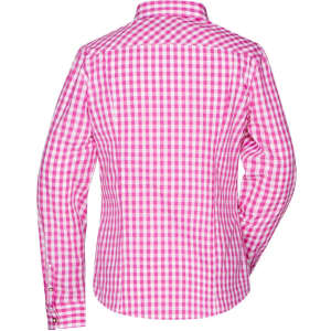 A pink checked ladies' traditional button-up shirt with long sleeves and a collar, featuring a logo.