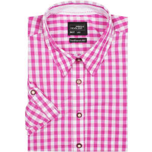 A pink and white checked button-up shirt with a collar and short sleeves, featuring a logo on the label.