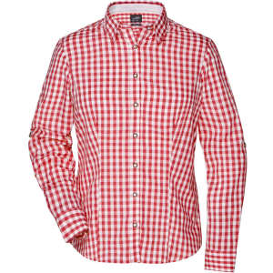 A red and white checked button-up shirt with a collar and long sleeves, featuring a logo on the chest.