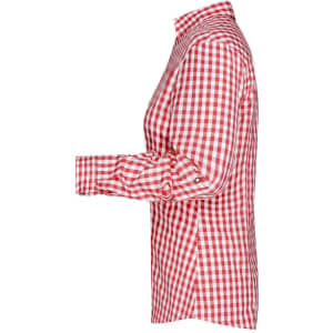 A red and white checkered button-up shirt with long sleeves and a collar, featuring a logo.
