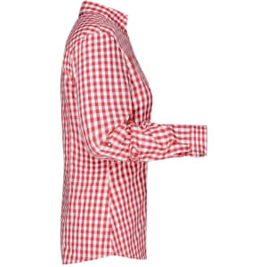A red and white checked ladies button-up shirt with long sleeves and a collar, featuring a logo.