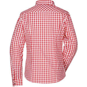 A red and white checked button-up shirt with long sleeves and a collar, featuring a logo on the back.
