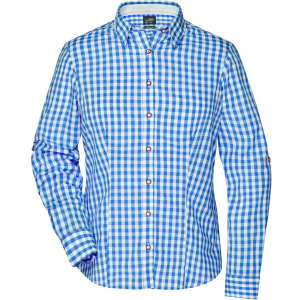 A button-up shirt featuring a blue and white checked pattern with long sleeves and a collared neckline.