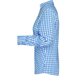 A blue and white checked ladies button-up shirt features long sleeves and a collar, with a subtle brand logo.