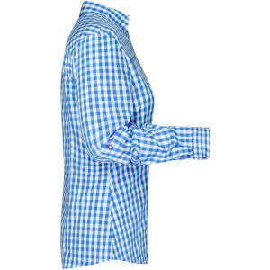 A blue and white checkered ladies' traditional button-up shirt features long sleeves and a collar. It has a logo.