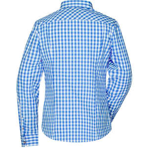 A button-up shirt featuring a blue and white checkered pattern, with a collar and long sleeves. It has a branding logo.