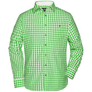 A green and white checked button-up shirt with a collar and long sleeves, featuring a logo.