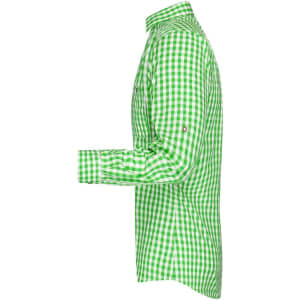 A green and white checked button-up shirt with a collar and long sleeves, featuring a logo.