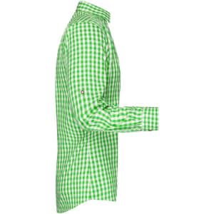 A green and white checkered men's traditional button-up shirt, featuring a classic collar and long sleeves.