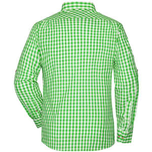 A green and white checked button-up men's traditional shirt with a collar and button cuffs.