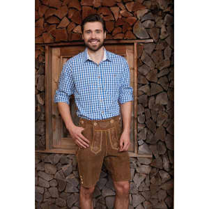 A men's button-up shirt in blue and white checkered pattern, worn with brown shorts, against a wood backdrop.