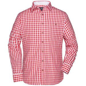 A red and white checkered button-up shirt with long sleeves and a logo on the chest.