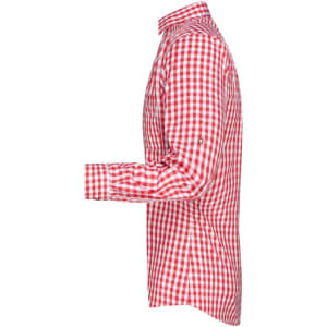 A men's traditional button-up shirt in a red and white gingham pattern, featuring long sleeves and a collar.