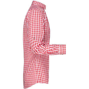 A red and white checked button-up shirt with long sleeves and a collar, featuring a logo.