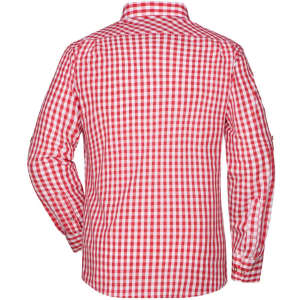 A men's traditional button-up shirt in red and white check pattern, featuring a collar and long sleeves.