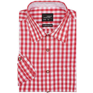 A red and white checkered button-up men's traditional shirt with a single chest pocket and short sleeves.