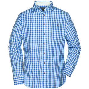 A blue and white checkered men's traditional button-up shirt with long sleeves and a button-down collar.