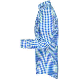A blue and white checked men's button-up shirt displayed from the side, featuring a logo on the sleeve.