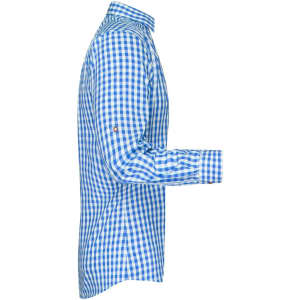 A blue and white checked button-up shirt featuring long sleeves and a logo on the sleeve.