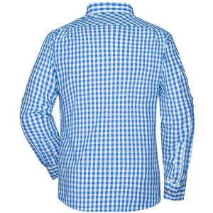A blue and white checkered men's traditional button-up shirt, featuring long sleeves and a collar, with a logo on the sleeve.