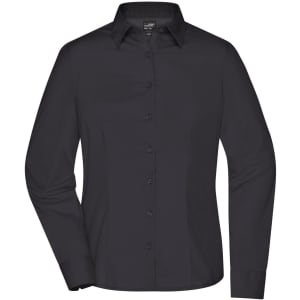 A ladies' long-sleeve business shirt in black, featuring a button-up front and a collar. Includes a logo.