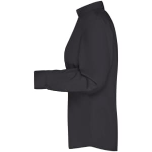 A dark-coloured ladies' button-up business shirt with a high collar and long sleeves, featuring a logo.