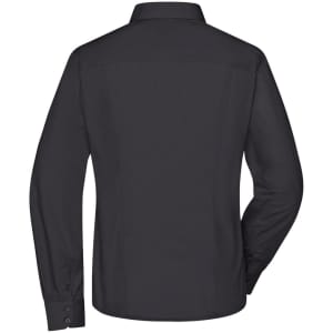 A black long-sleeve button-up shirt for ladies, featuring a plain back and a collar, with a logo on the collar.