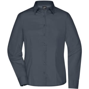 A ladies button-up shirt in dark grey, featuring long sleeves and a collar, with a logo present.