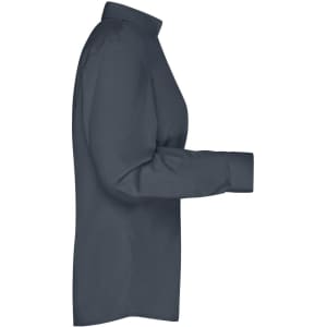 A navy blue ladies' long-sleeve business shirt with a collar and button-up design. It features a logo on the side.