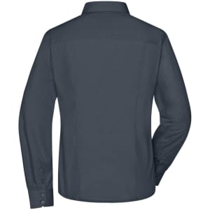 A dark navy ladies' business shirt with long sleeves and a button-up design, featuring a back view.