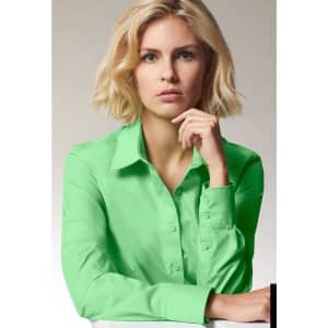 A button-up ladies' business shirt in bright green, featuring a collar and long sleeves. Includes a logo.