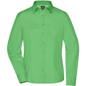 A green ladies business shirt with long sleeves and a button-up front, featuring a collar and a logo.
